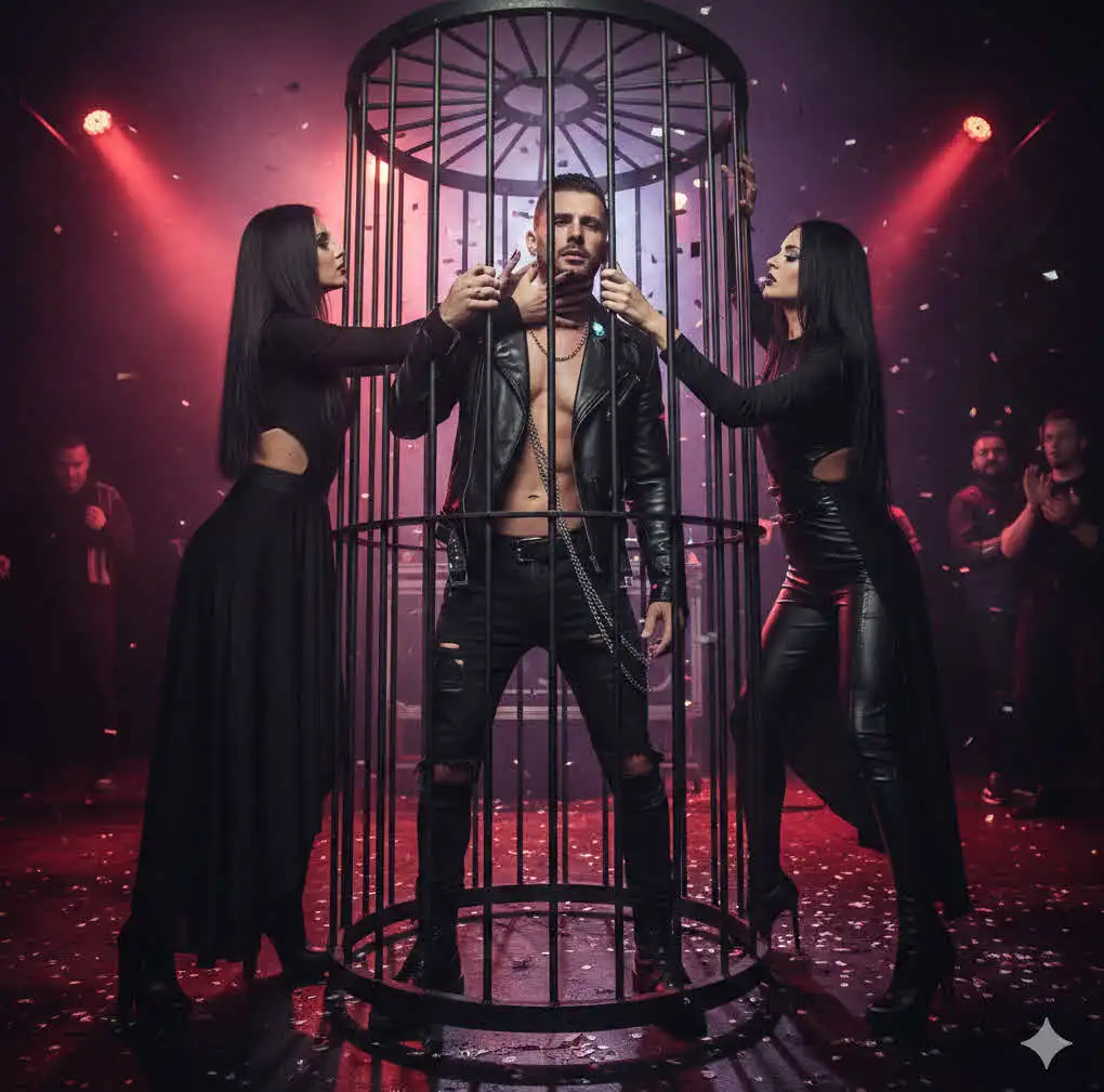 שדרן הרדיו המוכר בבילוי לילי בכלוב לצד שתי בחורות